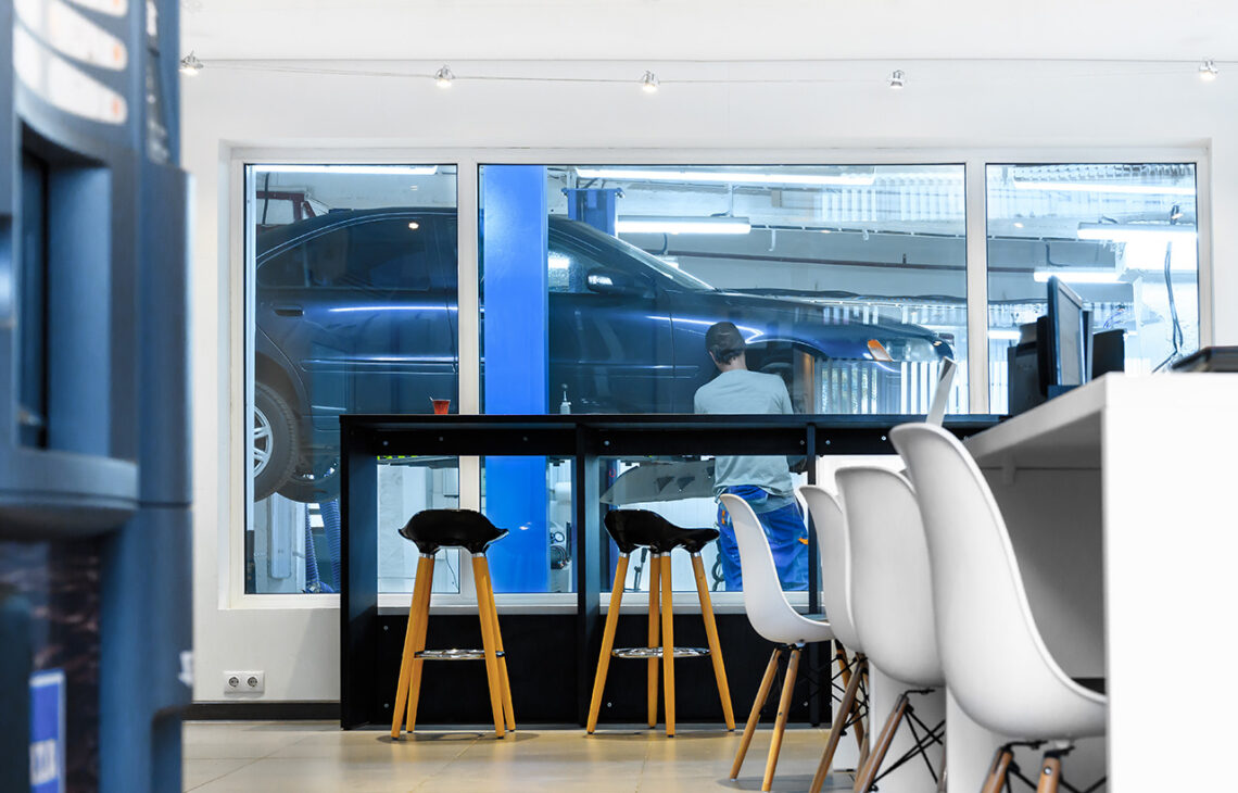 Car repair service center interior.
